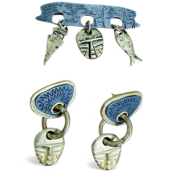 Vintage Jewelry - Tribal Mask Brooch and Earrings Bundle Matte Gold Tone Pewter Brass Ethnic Boho
